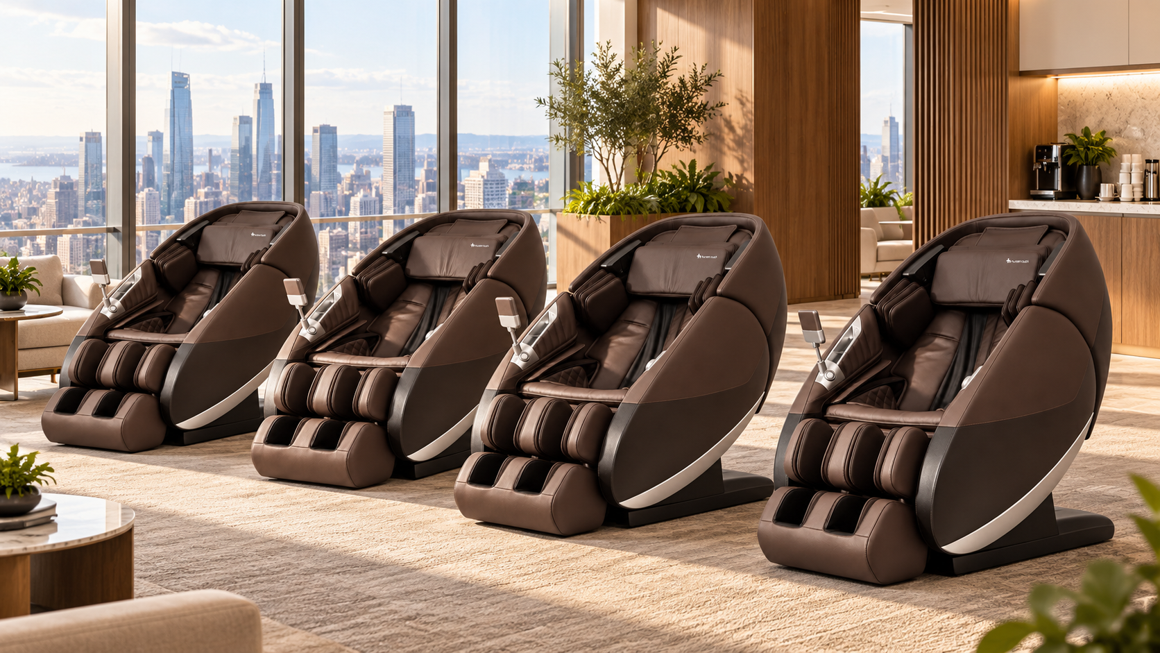 Four brown Human Touch massage chairs lined up in a corporate office overlooking the city skyline